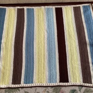 Vtg Afghan Bobble Crochet Blues Browns Natural & Yellow Afghan Blanket Handmade